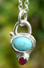 Handmade Turquoise and Ruby Silver Pendant